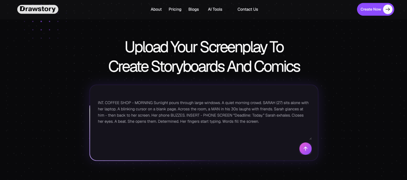 Drawstory turning an uploaded script into a shot-by-shot board