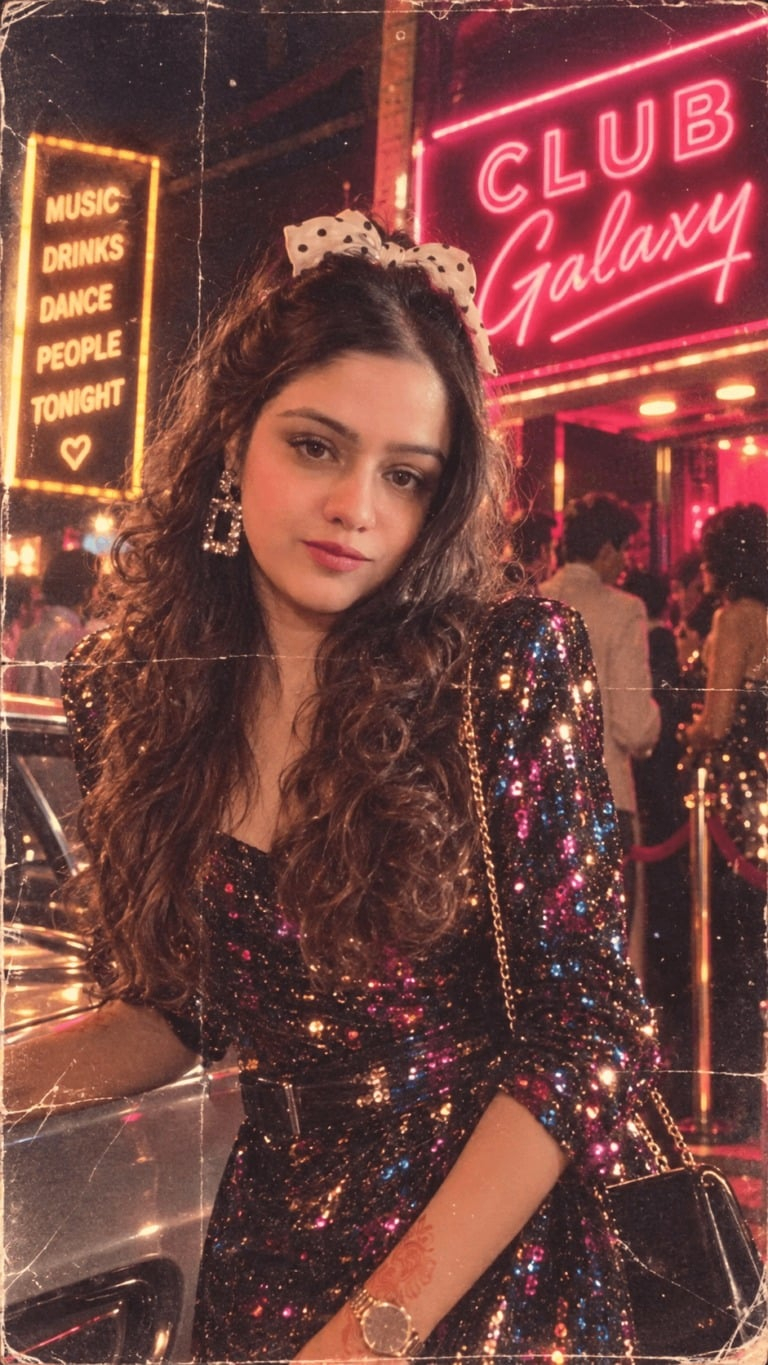 80s Neon Disco Night — Turn this photo into an exciting 1980s nightlife scene. Keep my facial features same. Once done, dress me in a blingy retro dress and pla