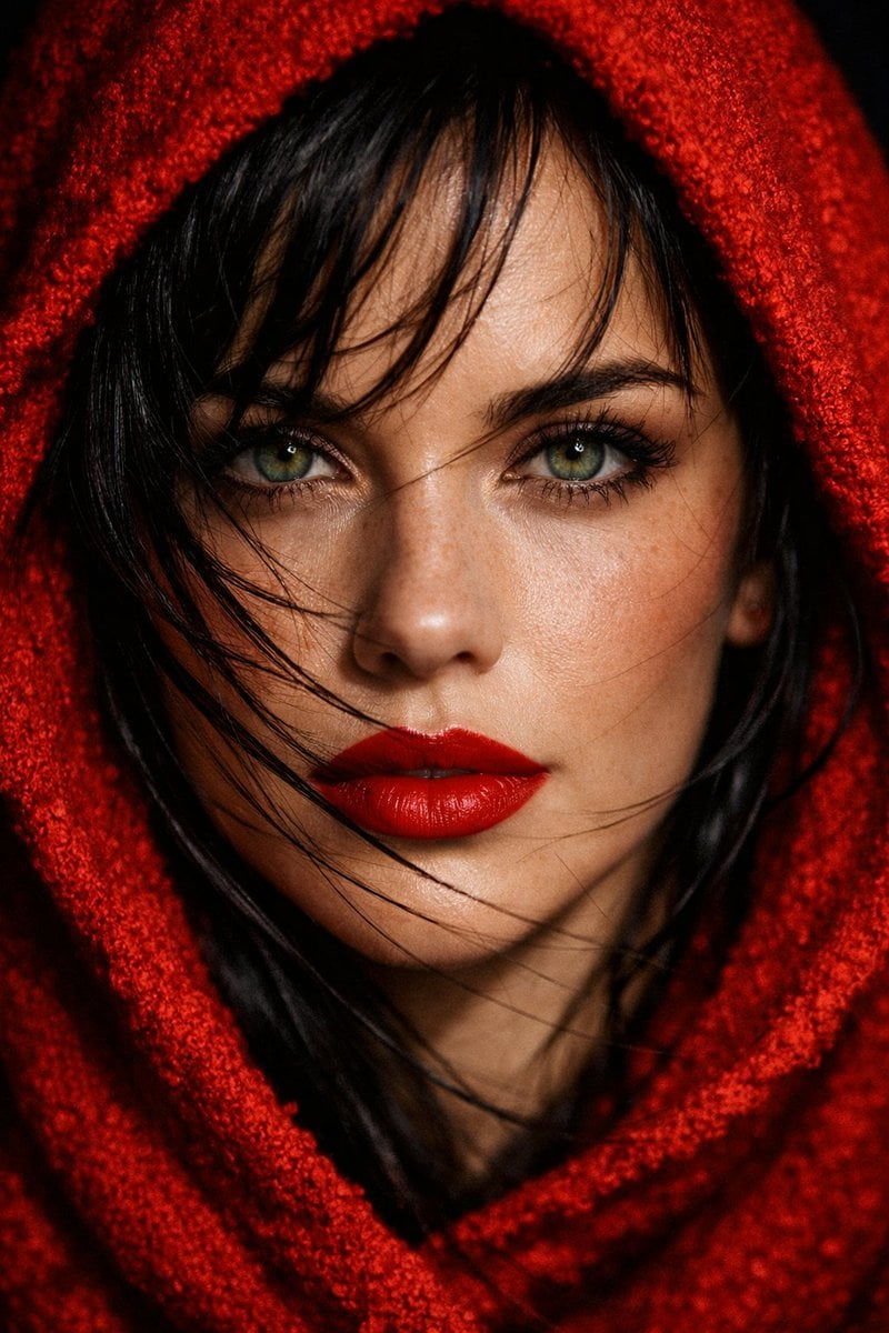 Red Hood Fashion Portrait Green Eyes AI image template preview