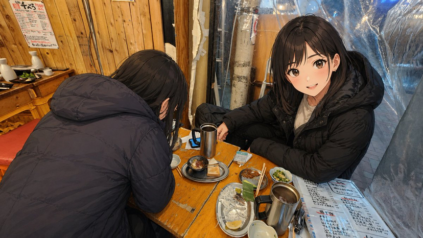 gpt2-social-media-post-anime-characters-in-real-izakaya-photo AI image template preview