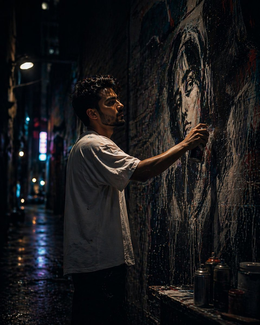 gpt2-comic-storyboard-urban-alley-mural-artist AI image template preview