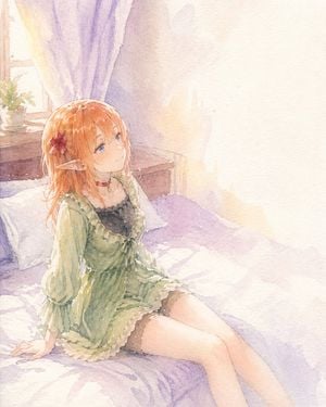 Watercolor Elf Girl on Sunlit Bed preview