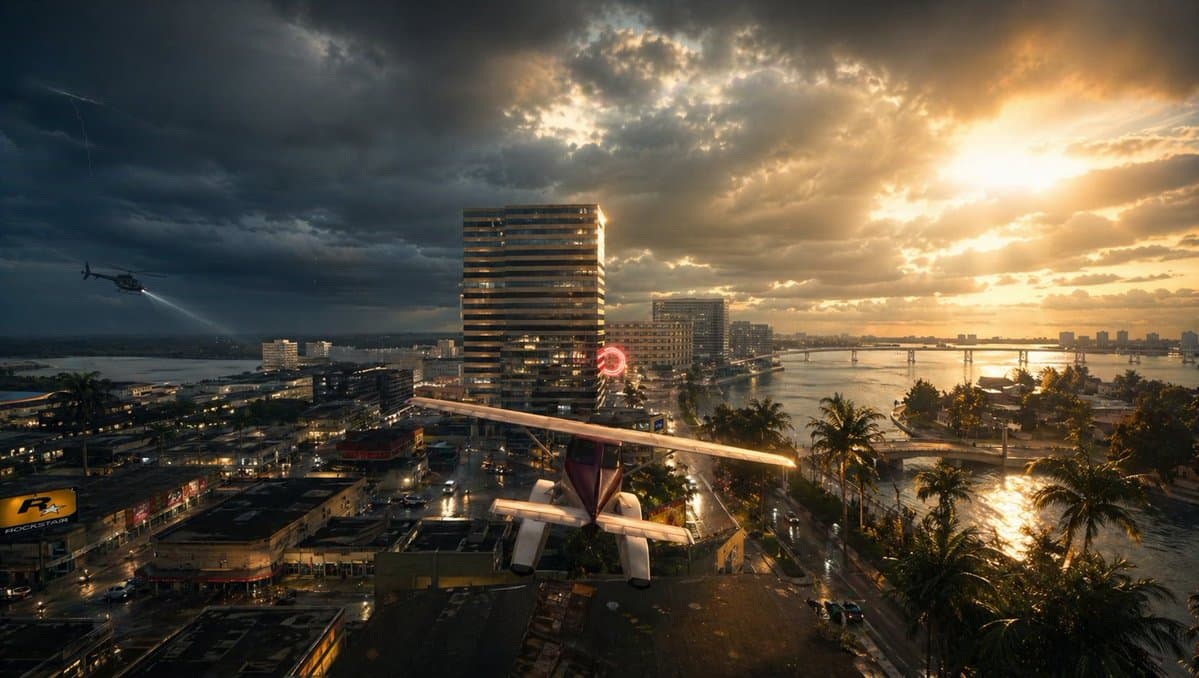 Stormy Tropical City With Rooftop Plane preview
