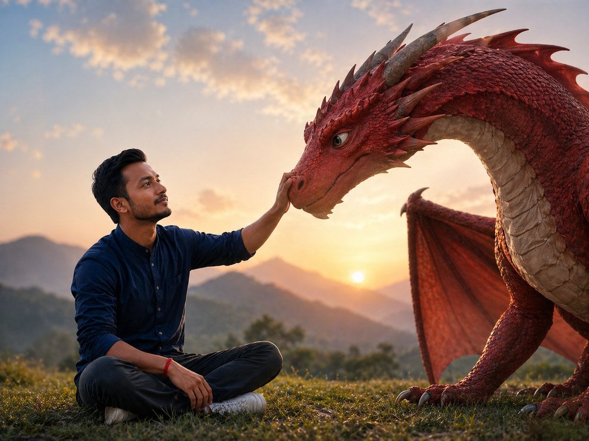 Man Bonding With Red Dragon at Sunset preview