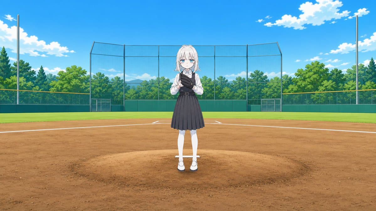 Anime Schoolgirl Pitcher on Baseball Field preview