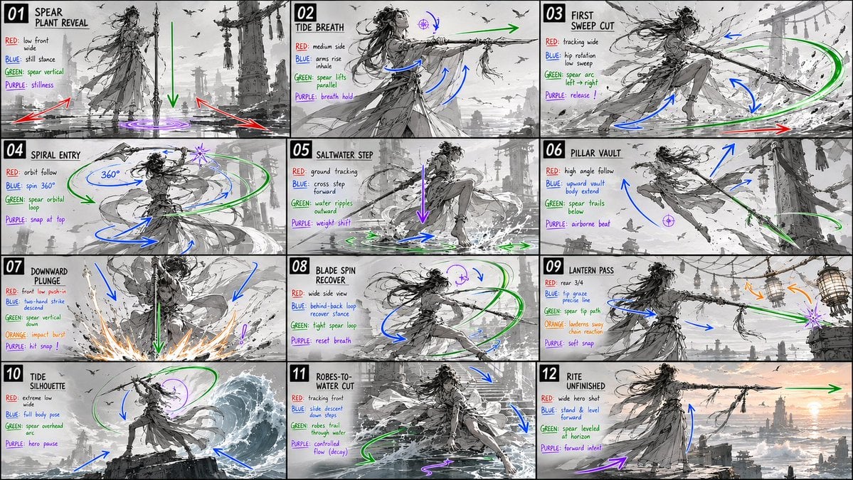 12-Panel Spear Sakuga Storyboard preview