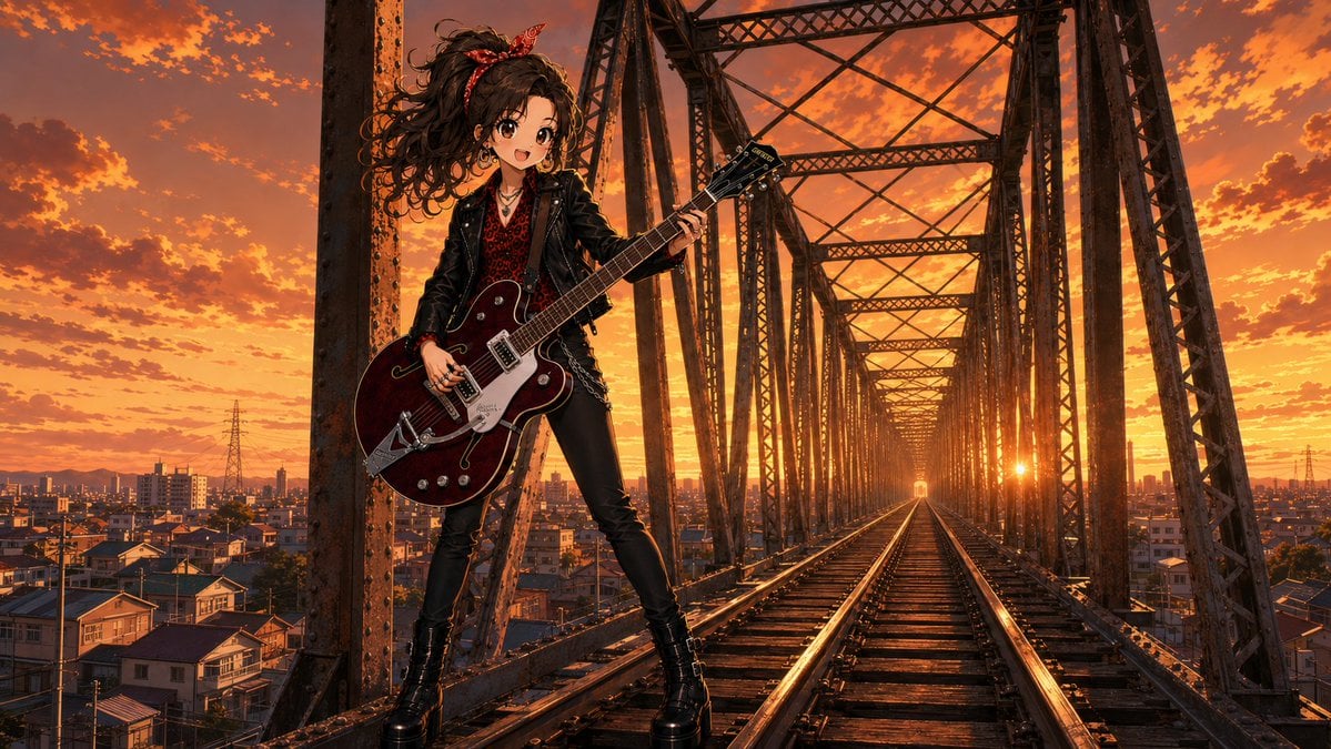Anime Rock Guitarist on Railway Bridge preview