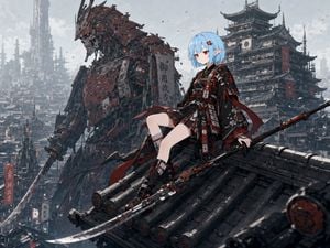 Cyberpunk Samurai Elf on Temple Roof preview