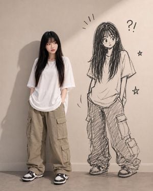 Quiet Girl With Playful Doodle Shadow preview