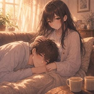 Sunlit Anime Couple on Sofa preview