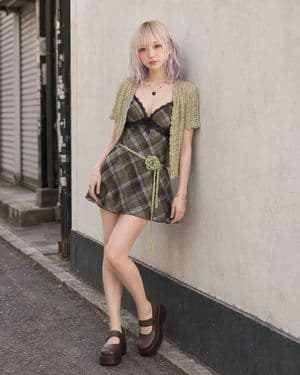 Pistachio Crochet Cardigan and Plaid Mini Dress preview