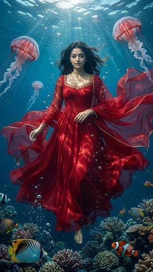 Underwater Red Dress Fantasy Portrait preview