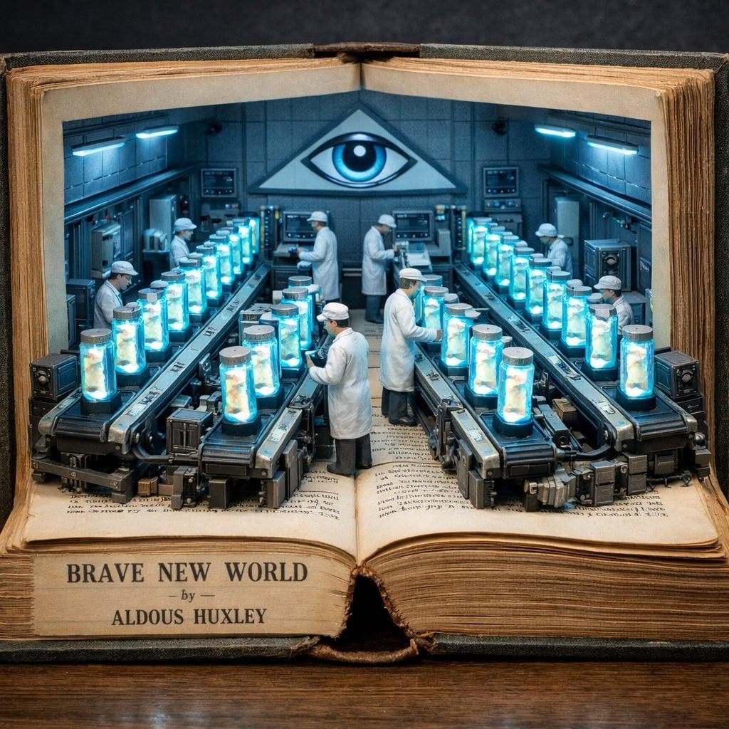 Surreal diorama emerging from an open vintage book of Brave New World - AI image template preview