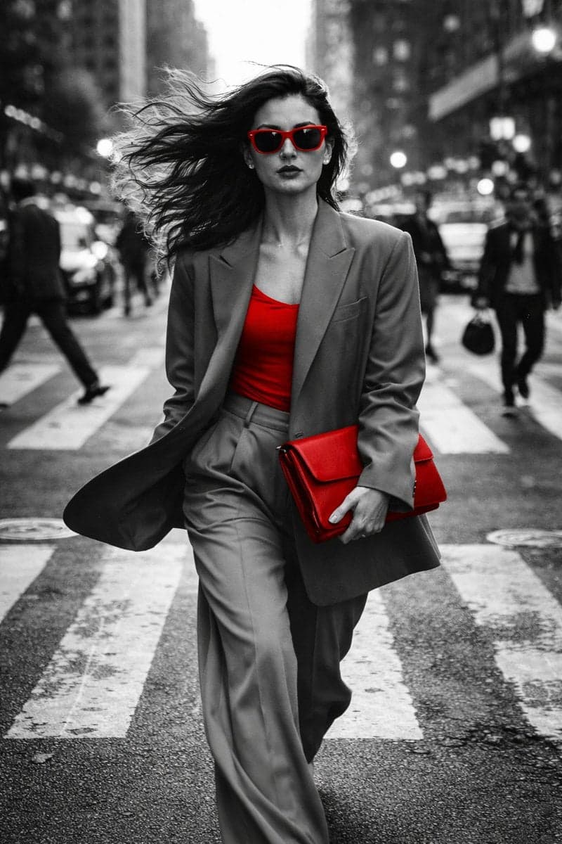 Walking briskly toward the camera, hair flowing backward due to motion - AI image template preview