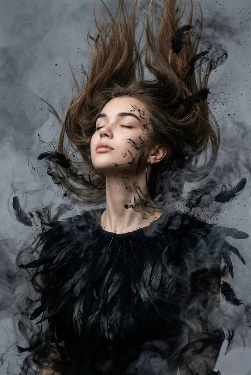 Long-sleeve blouse made of organic, layered deep matte black raven - AI image template preview