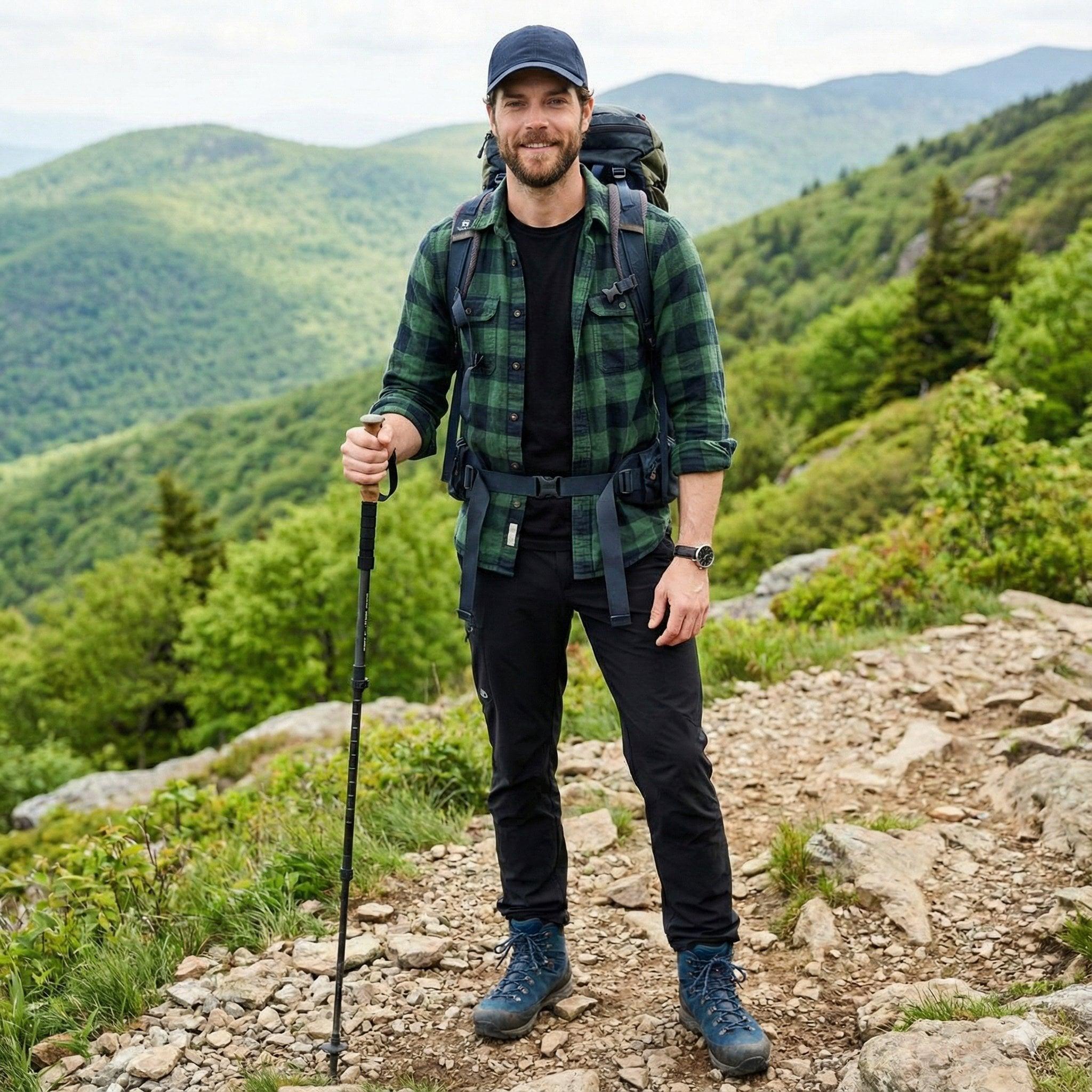 A handsome male trekker sitting comfortably at a mountain campsite, no - AI image template preview
