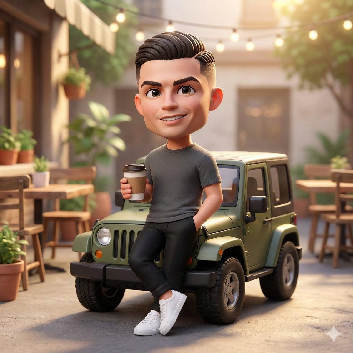 A cute 3D chibi-style character leaning against a parked mini chibi - AI image template preview