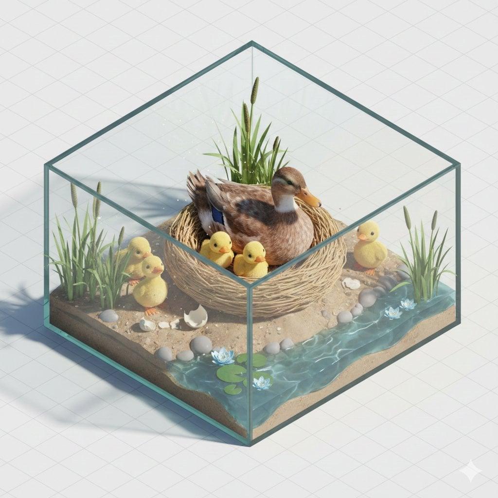 Isometric miniature nature diorama showing a mother feeding newborn - AI image template preview