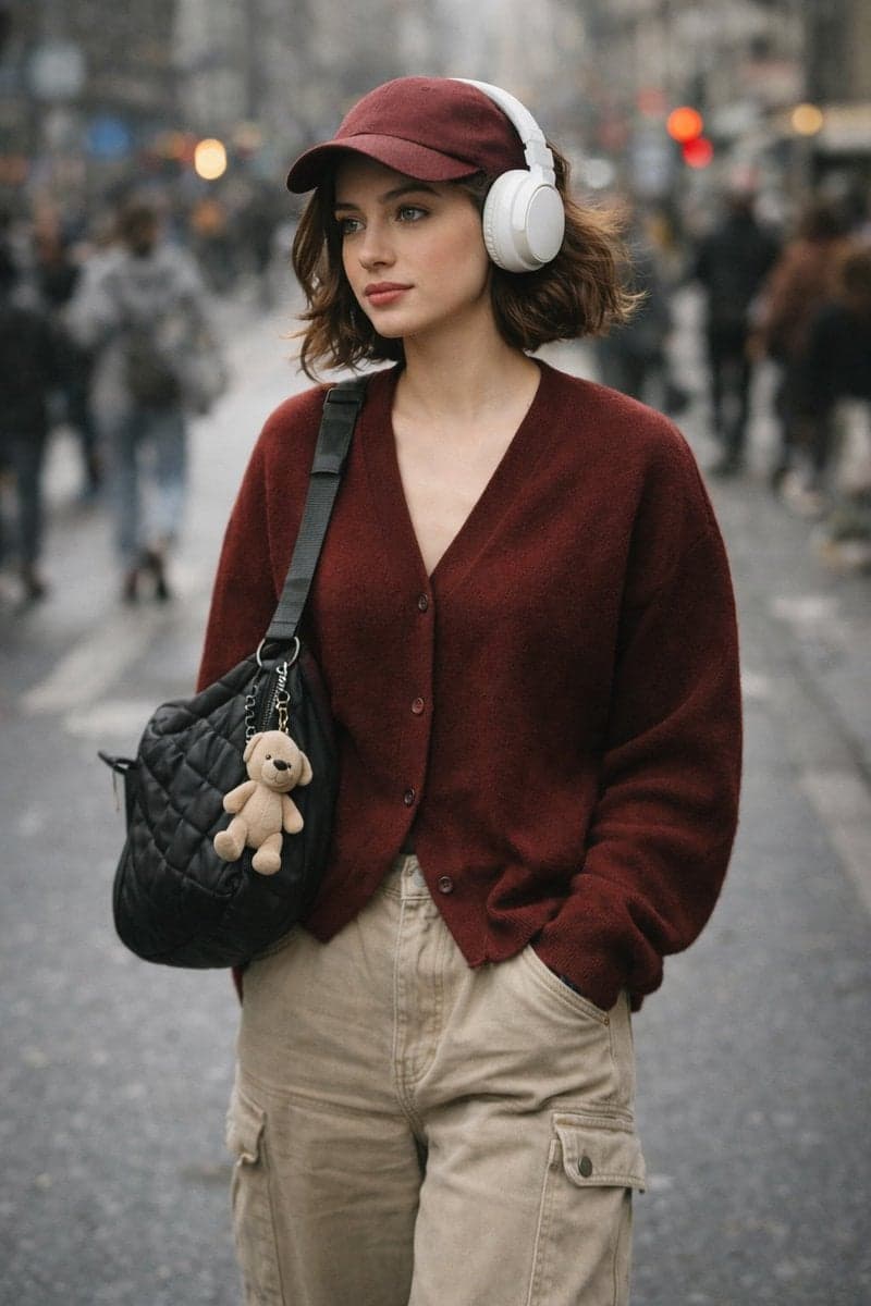 A high-quality, candid street photography shot of a stylish young woman - AI image template preview