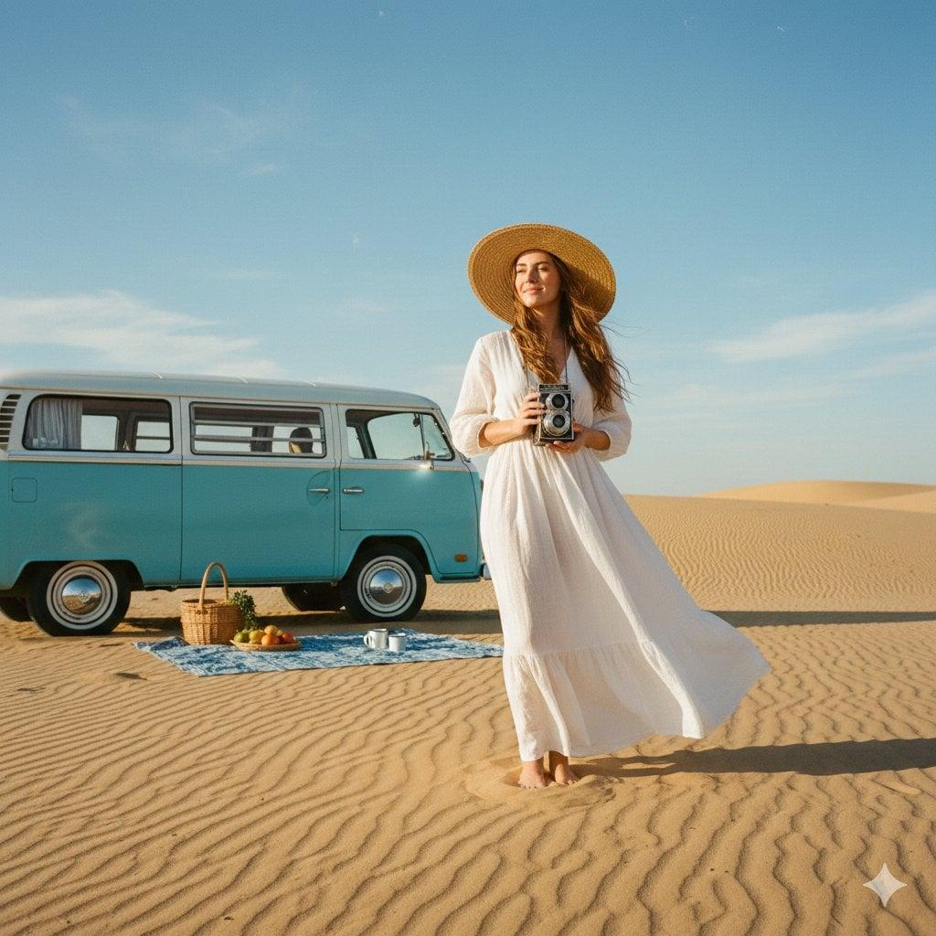 A wide shot of a woman in an airy white linen maxi dress - AI image template preview
