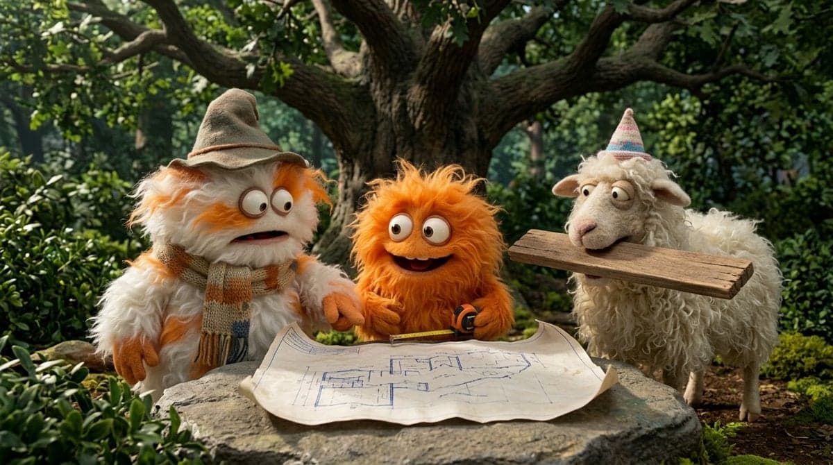 Funny 4-part story featuring 3 fluffy creatures building a treehouse - AI image template preview