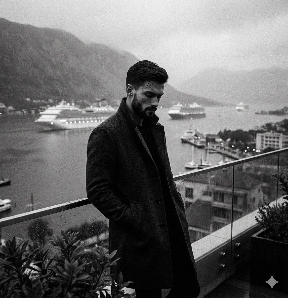 Cinematic black and white photograph of a man in a dark overcoat leaning - AI image template preview