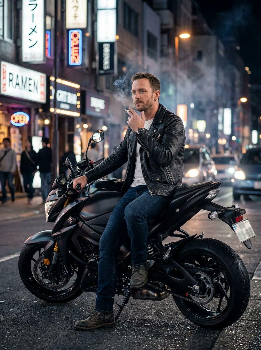 Sitting casually on the motorbike, one foot on the ground, holding - AI image template preview