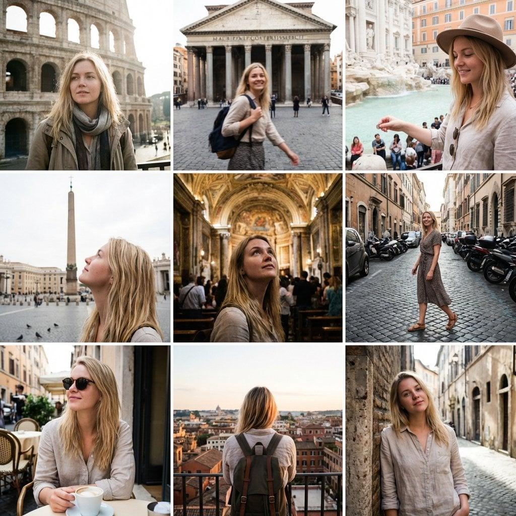 3x3 Instagram-style grid of low-quality smartphone photos featuring - AI image template preview