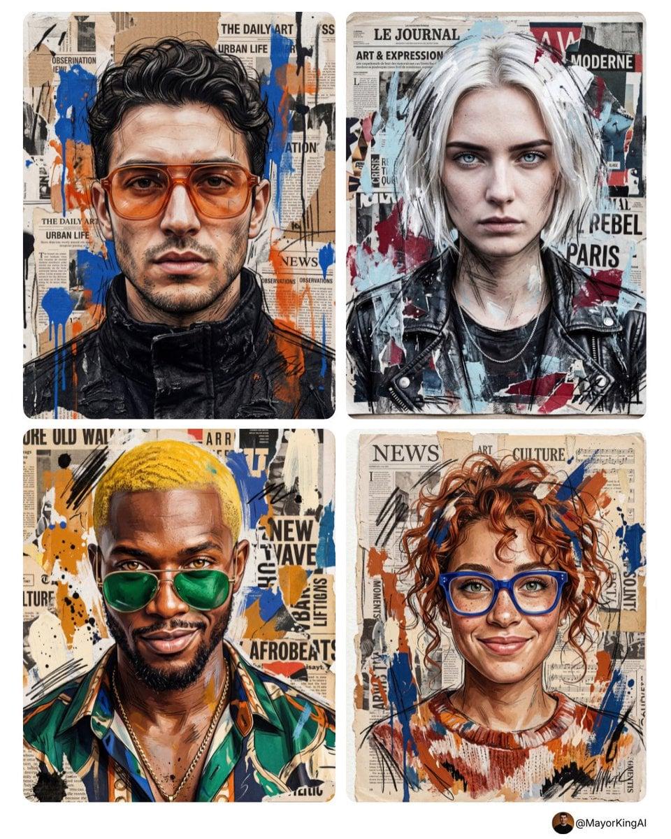 Mixed-media portrait, realistic identity, black sketch strokes, torn - AI image template preview