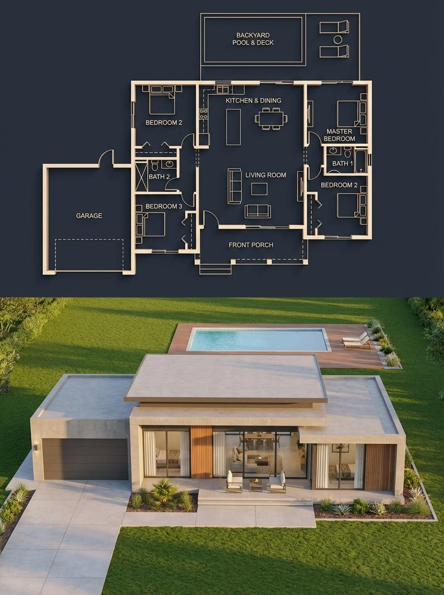 Split architectural visualization where the top is a detailed - AI image template preview