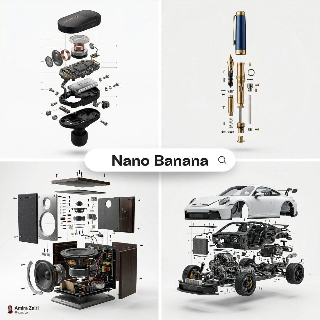 High-end product advertising, white seamless background, exploded view - AI image template preview