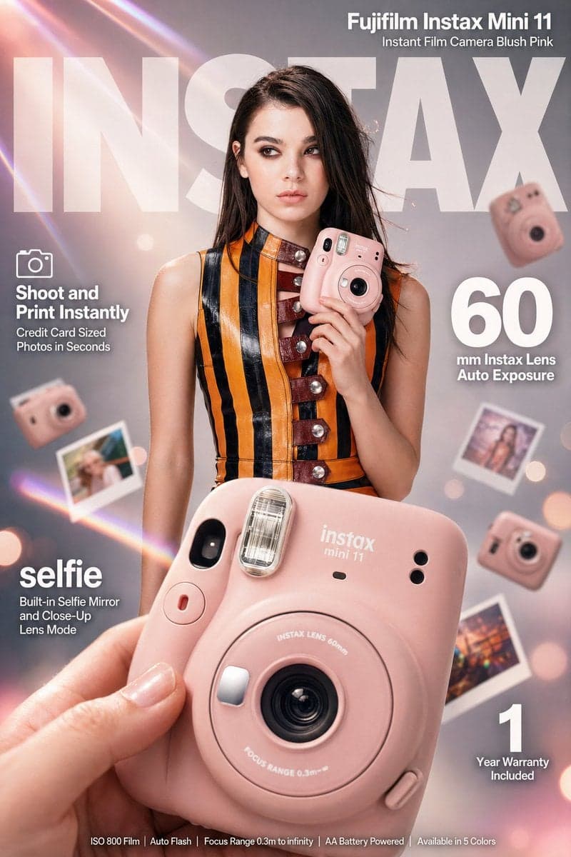 High-impact e-commerce infographic advertisement for Fujifilm Instax - AI image template preview