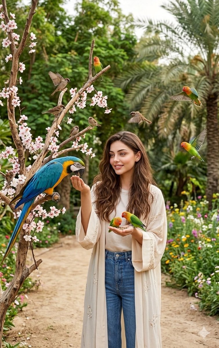 Indian Woman with Macaw in Forest preview