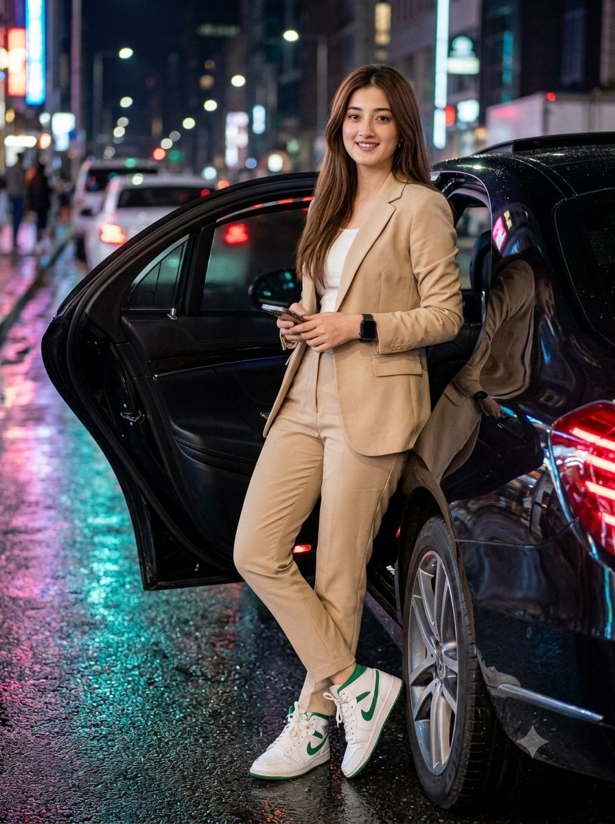 Elegant Woman with Luxury Sedan at Night preview