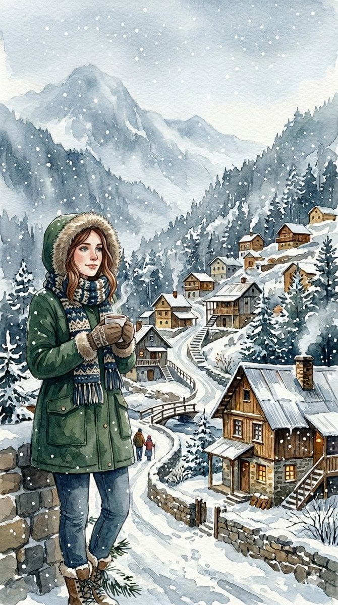 Cozy Winter Hill Station Watercolor preview