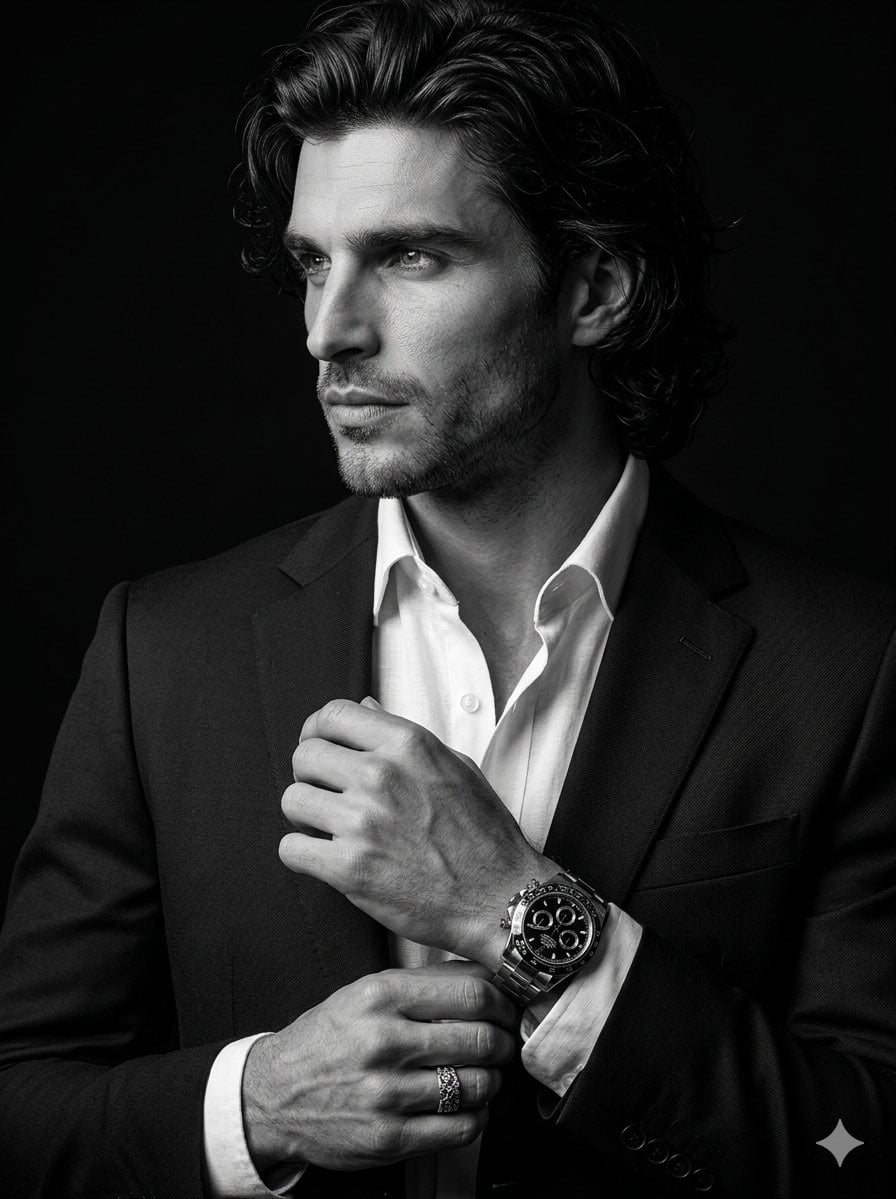 Cinematic Black-and-White Suit Portrait preview